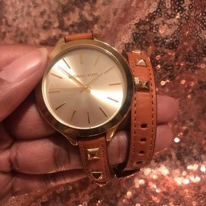 Michael Kors watch tan leather gold studs NWOT